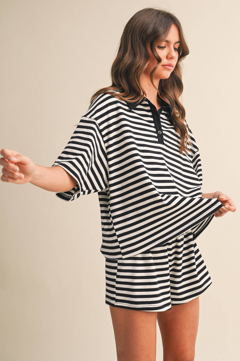 STRIPED COLLARED SHORT SLEEVE TOP AND SHORTS SET