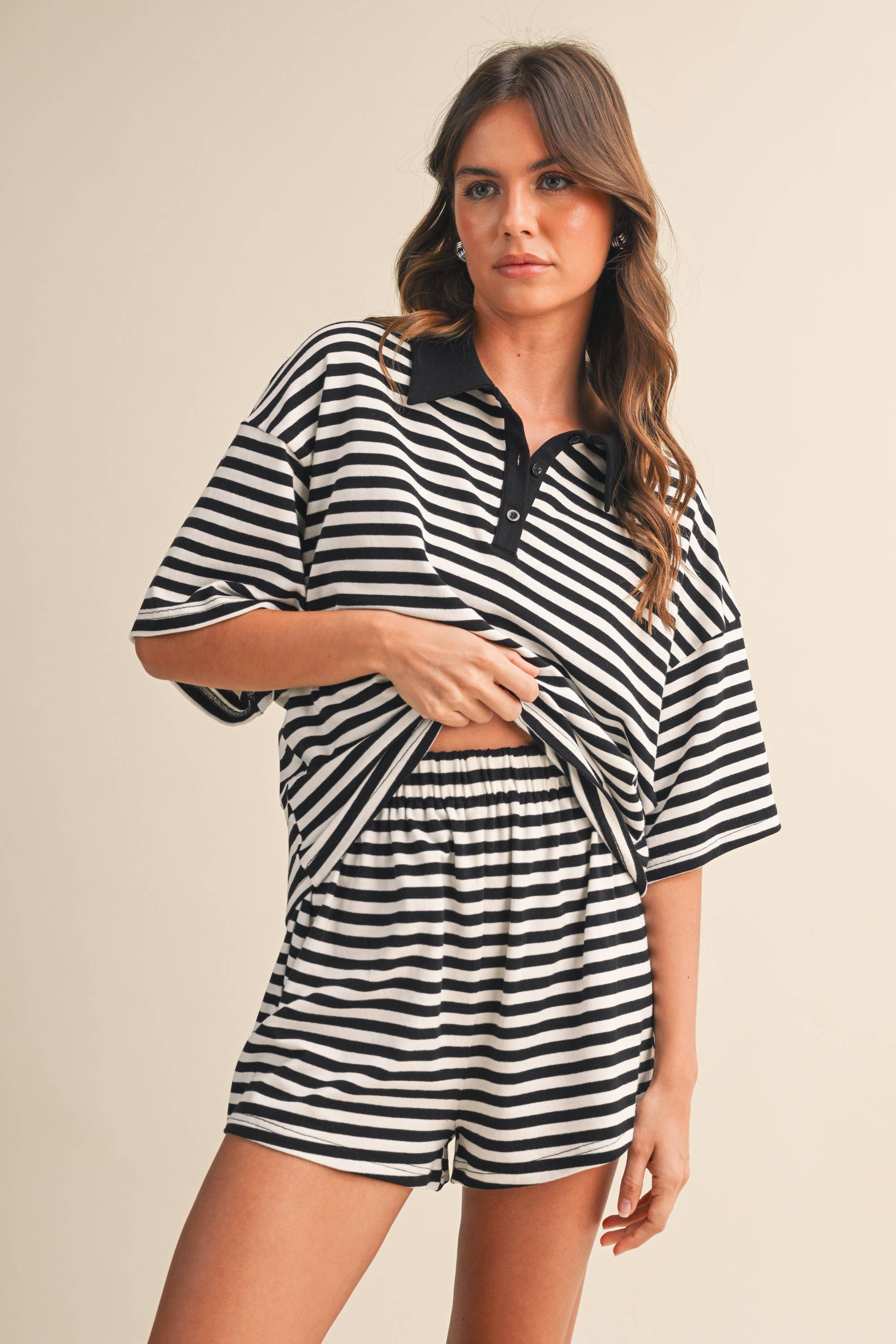 STRIPED COLLARED SHORT SLEEVE TOP AND SHORTS SET