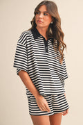 STRIPED COLLARED SHORT SLEEVE TOP AND SHORTS SET