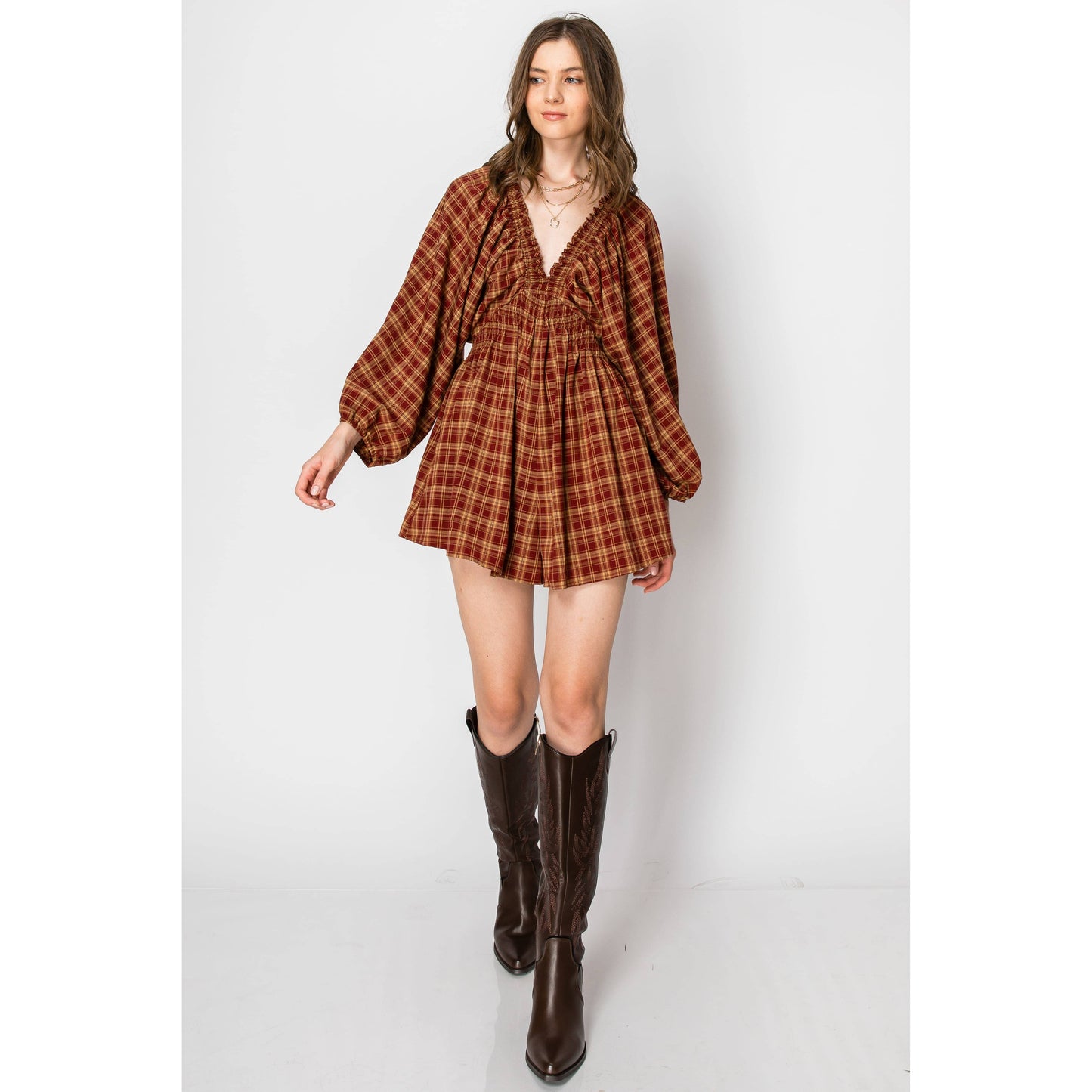 Dolman Sleeve Plaid Smocked V-neck ROMPER