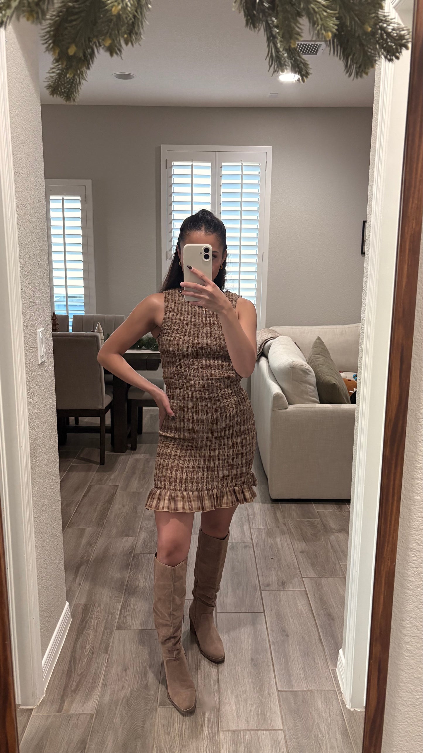 GINGHAM SMOCKED MINI DRESS