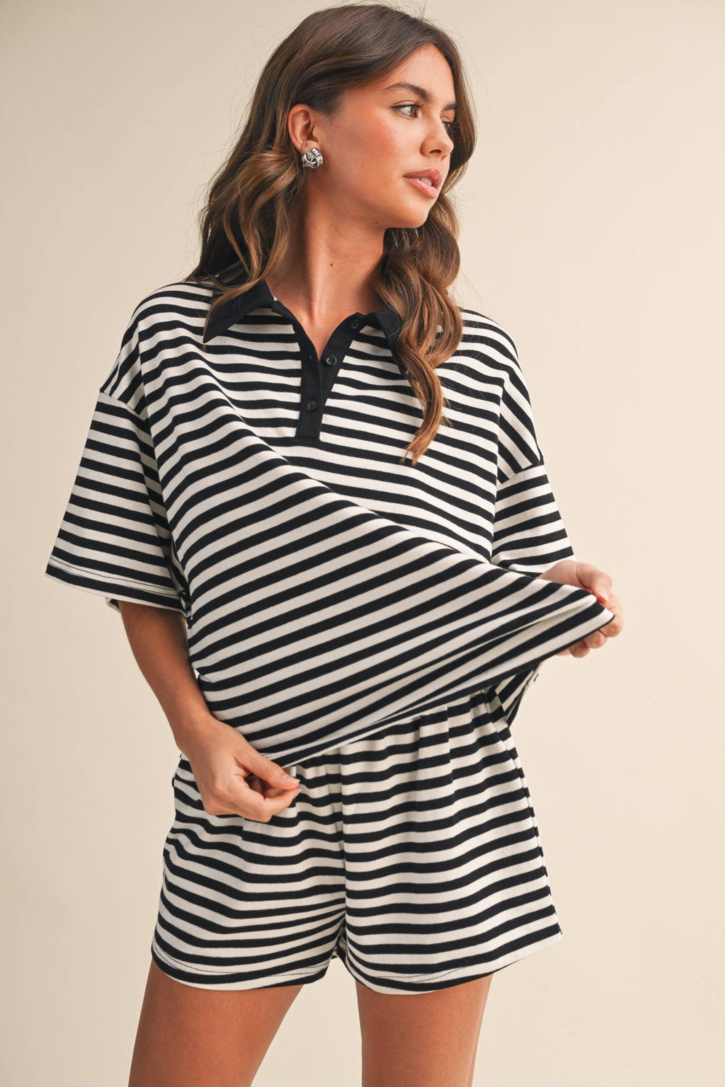 STRIPED COLLARED SHORT SLEEVE TOP AND SHORTS SET
