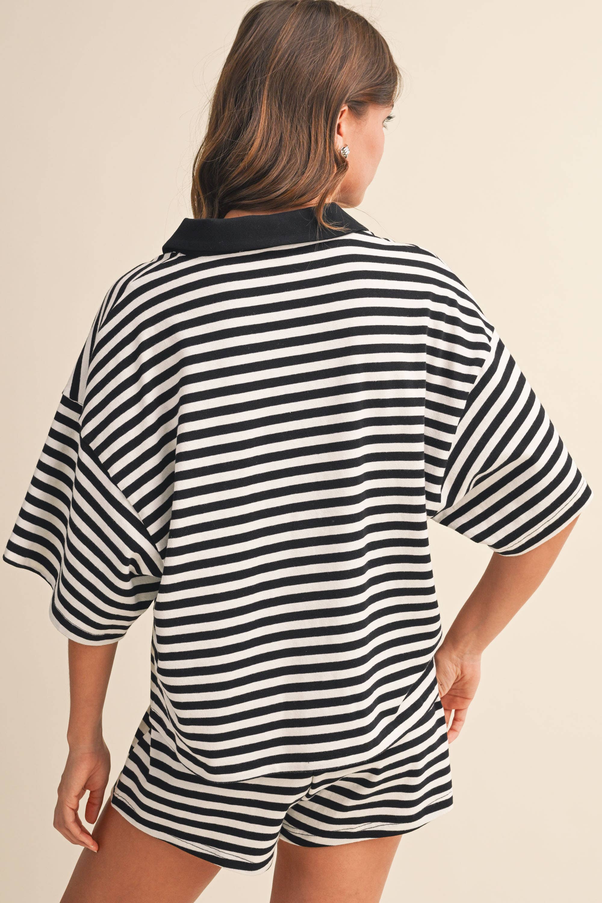 STRIPED COLLARED SHORT SLEEVE TOP AND SHORTS SET