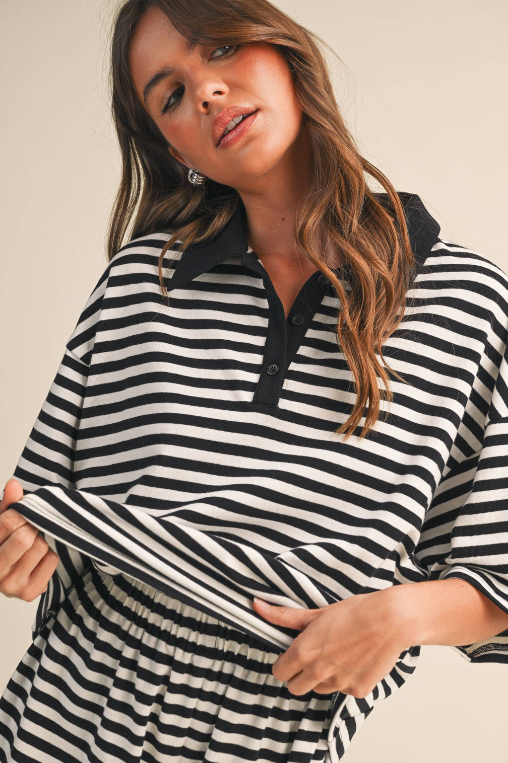 STRIPED COLLARED SHORT SLEEVE TOP AND SHORTS SET