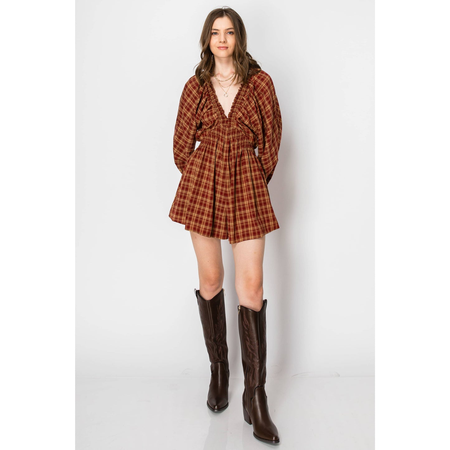 Dolman Sleeve Plaid Smocked V-neck ROMPER